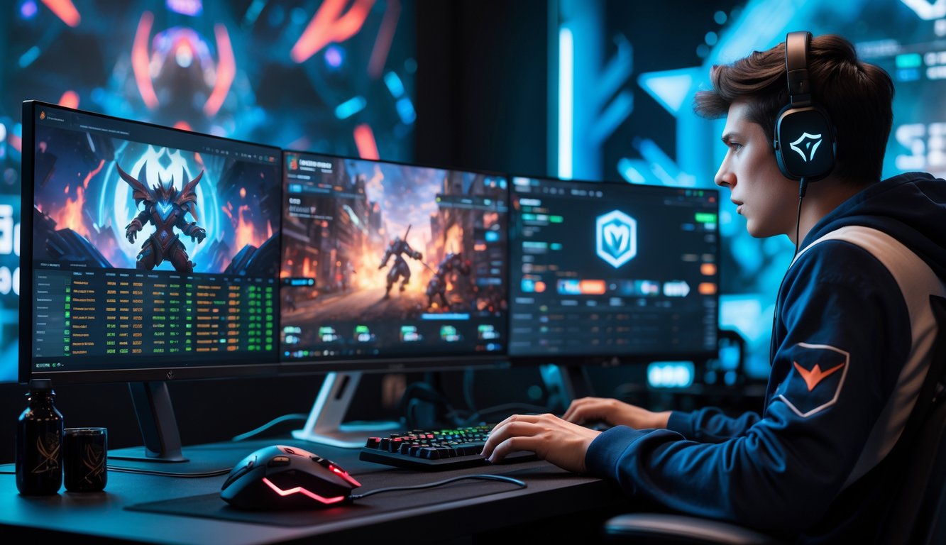 Seorang pria muda sedang duduk di depan komputer dengan beberapa layar yang menampilkan permainan Dota 2 dan data taruhan.