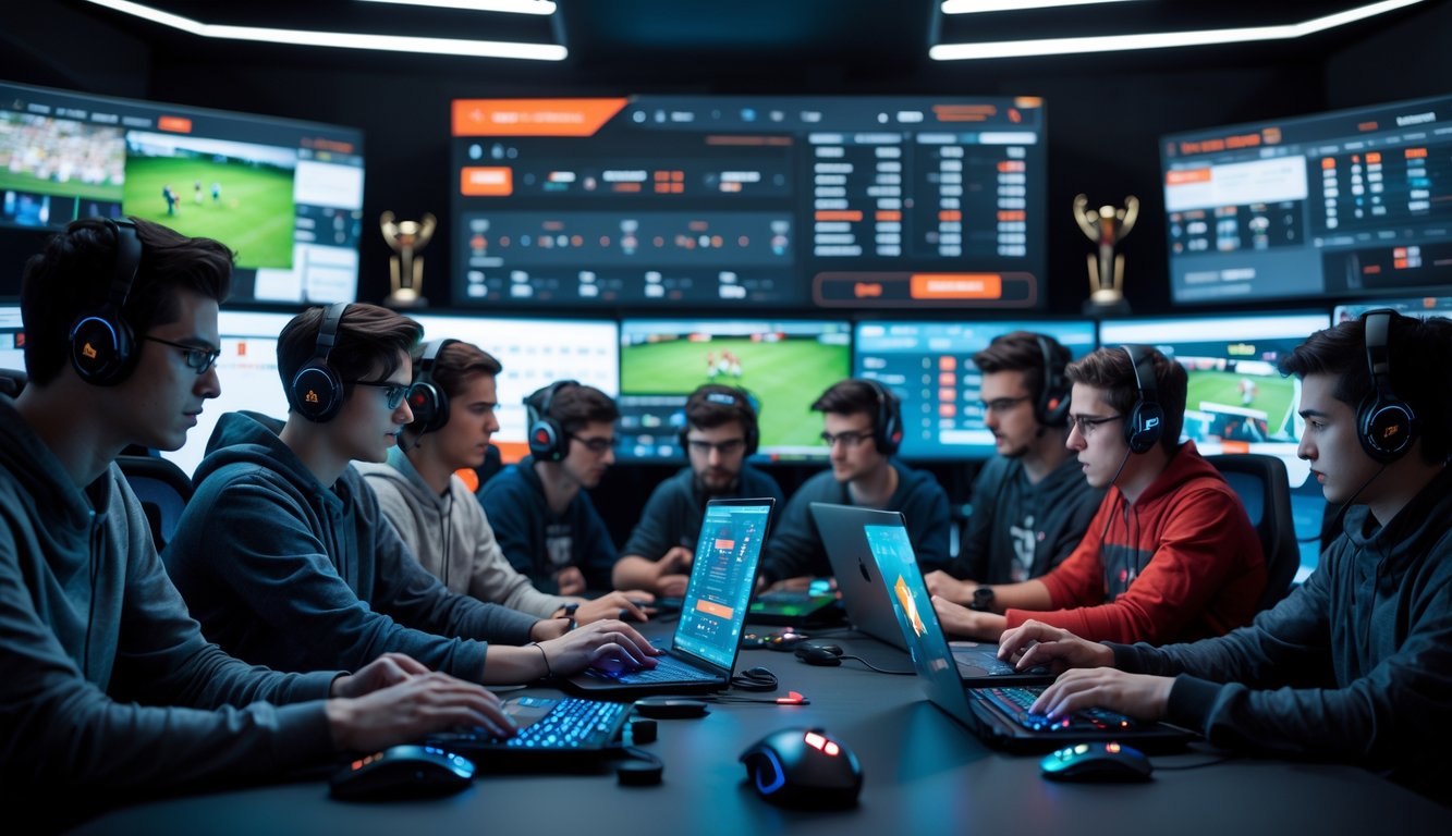 Sekelompok orang muda sedang menggunakan komputer dan ponsel untuk bertaruh pada pertandingan esports dengan layar menampilkan grafik dan permainan esports.