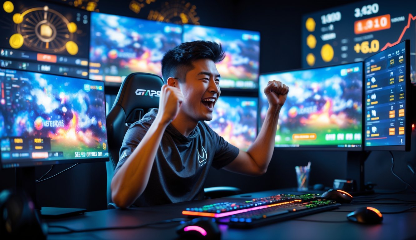 Seorang gamer muda sedang merayakan kemenangan di depan komputer dengan layar yang menampilkan permainan esports dan grafik taruhan.