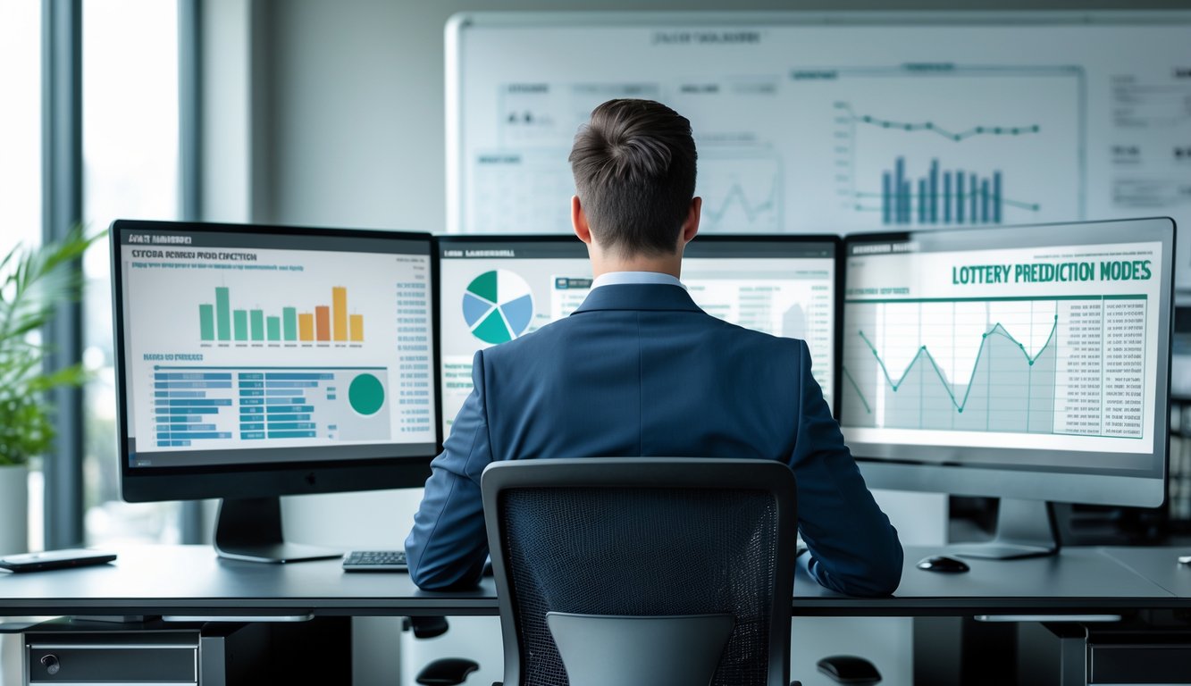 Seorang profesional bisnis sedang bekerja dengan komputer yang menampilkan grafik dan data di sebuah kantor modern.