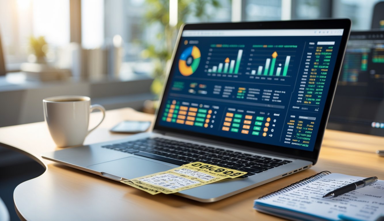 Meja kerja modern dengan laptop yang menampilkan grafik dan angka, tiket lotre, secangkir kopi, dan buku catatan di atas meja.