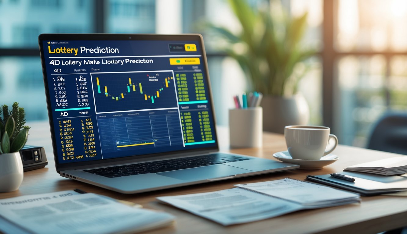 Meja kerja dengan laptop, catatan, kalkulator, dan cangkir kopi yang menunjukkan suasana analisis prediksi togel 4D.