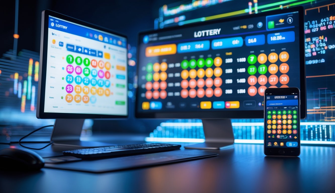 Sebuah ruang kerja modern dengan komputer dan ponsel yang menampilkan angka lotere digital dan grafik.