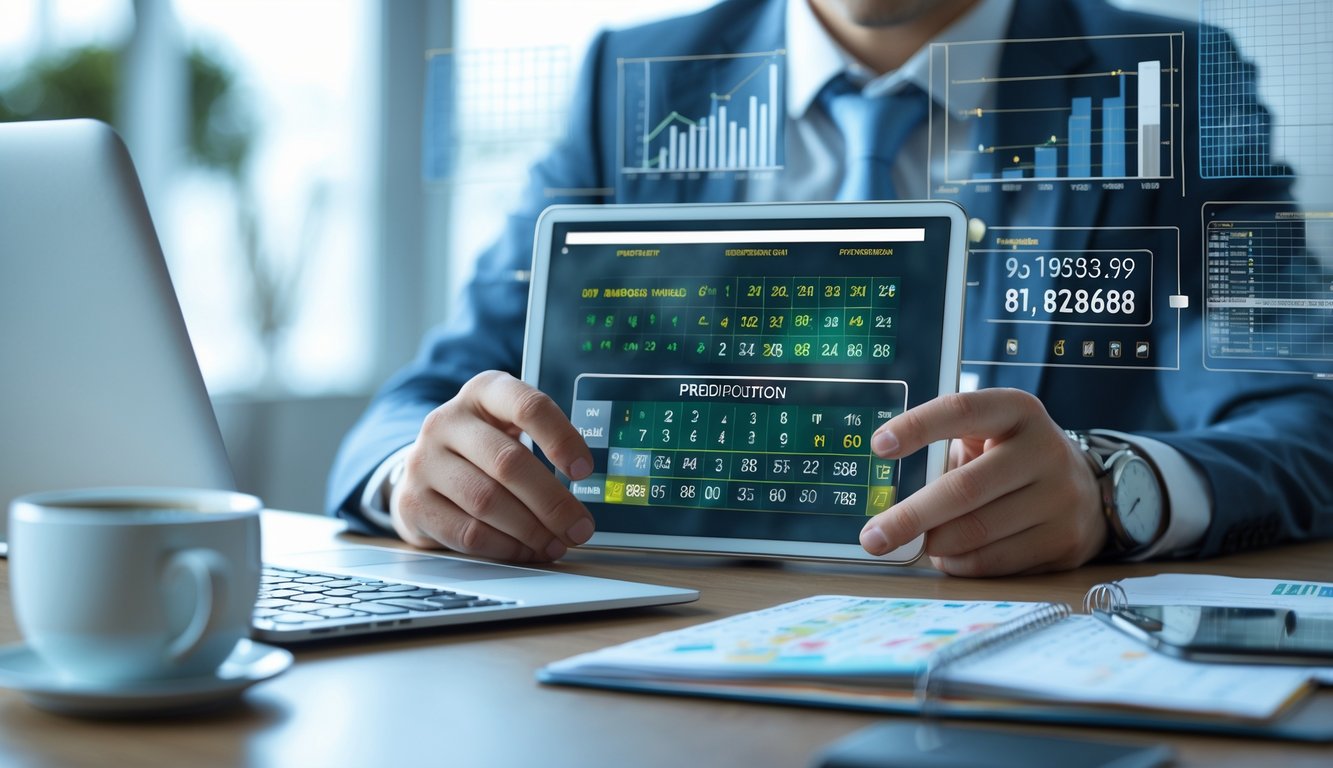 Seorang pria fokus menganalisis angka togel menggunakan tablet di kantor modern dengan grafik dan data di layar.
