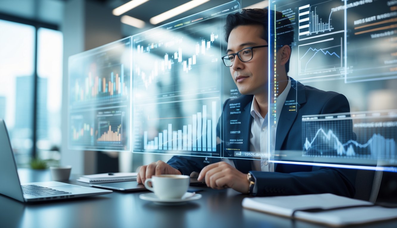 Seorang profesional sedang menganalisis data dan grafik di layar digital dalam ruang kantor modern.