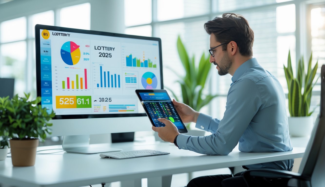 Seorang profesional sedang menganalisis data lotere di meja kerja dengan komputer dan tablet di kantor yang terang dan rapi.