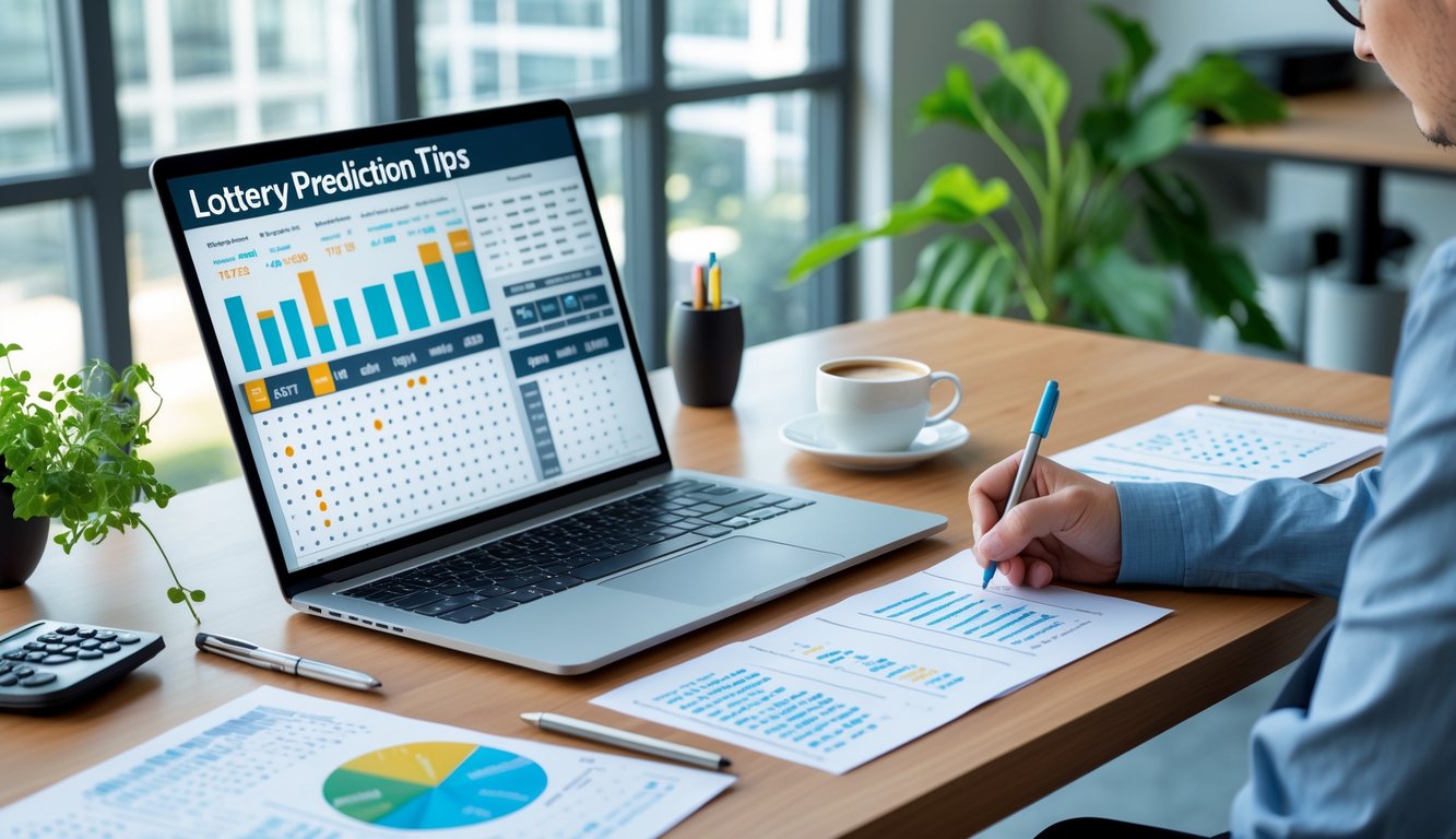 Seseorang duduk di depan meja kerja dengan laptop, menulis catatan, dan alat tulis di ruang kantor yang terang dan rapi.