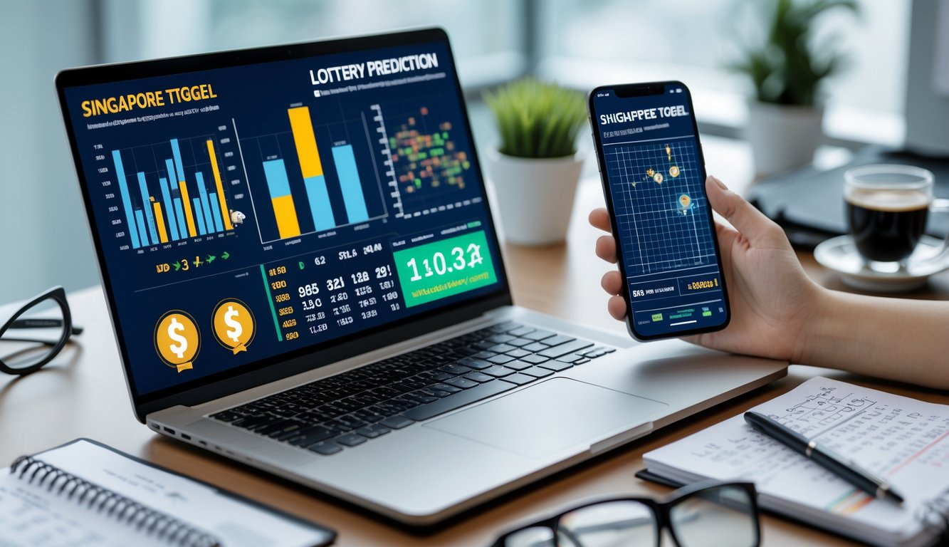 Meja kerja modern dengan laptop, ponsel, dan catatan yang menampilkan data dan perhitungan terkait prediksi togel Singapura.