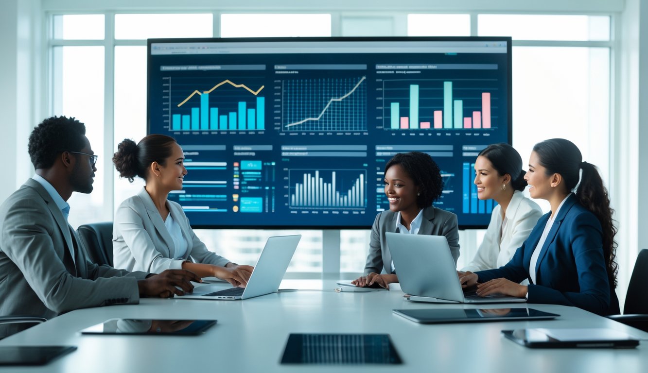 Sekelompok profesional sedang bekerja bersama di kantor modern dengan layar digital besar menampilkan grafik dan data angka.