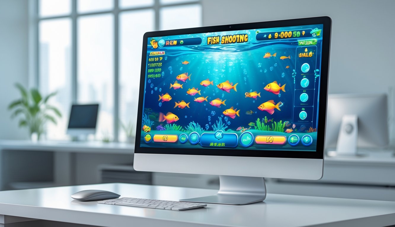 Tampilan layar komputer dengan permainan menembak ikan online yang berwarna-warni di lingkungan ruangan yang rapi dan terang.