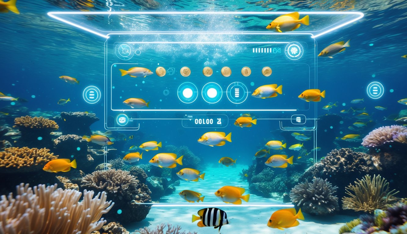 Pemandangan bawah laut dengan terumbu karang berwarna-warni dan berbagai ikan tropis berenang di sekitar, dengan elemen permainan digital transparan di latar depan.