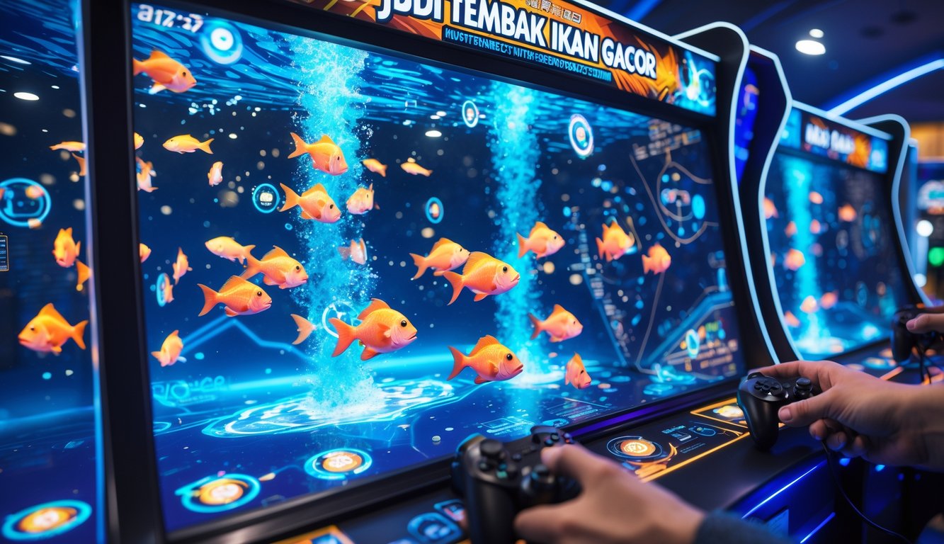 Suasana permainan tembak ikan di arcade dengan ikan berwarna-warni berenang dan tangan pemain memegang kontroler.
