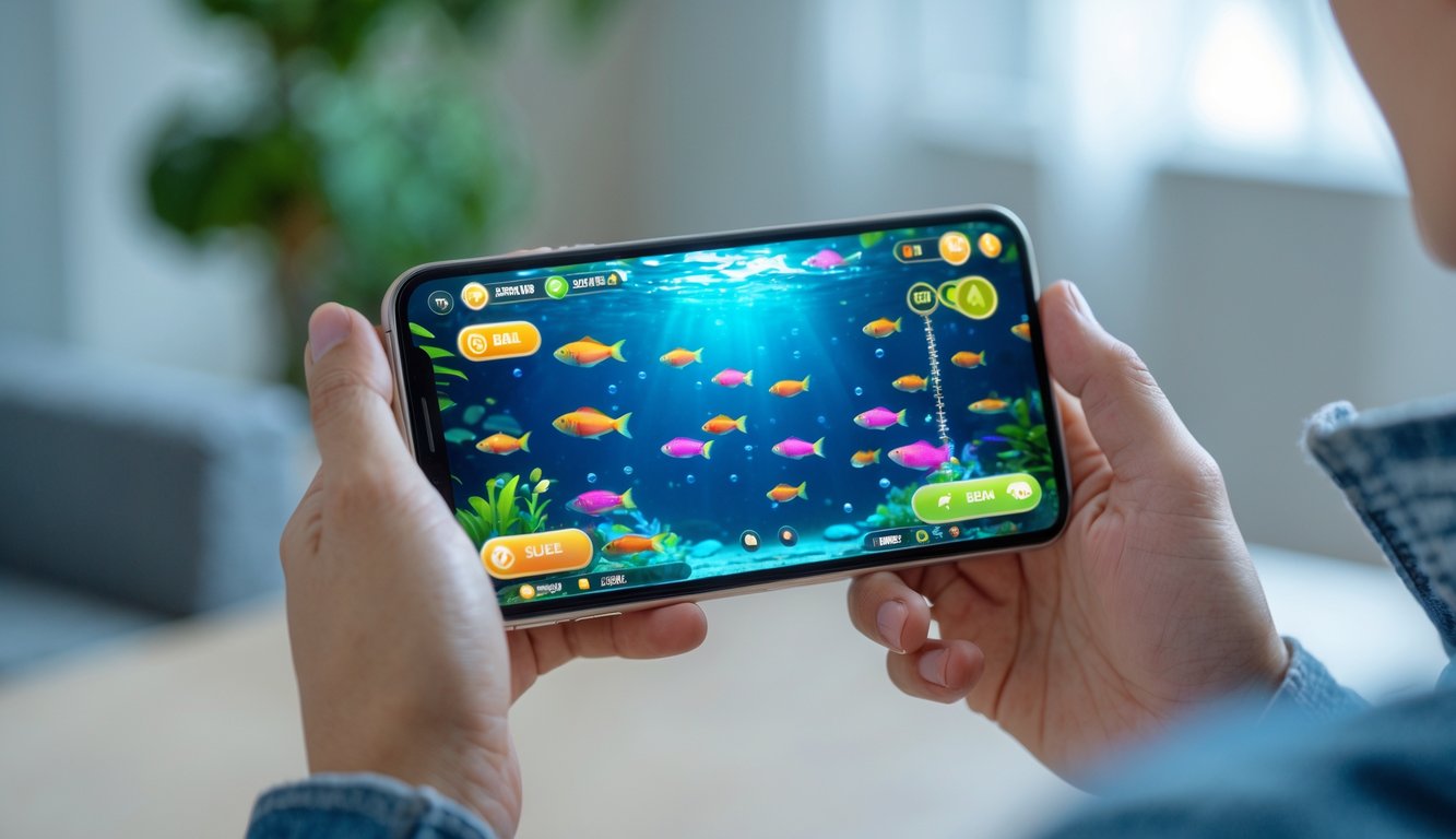 Seseorang memegang ponsel yang menampilkan permainan menembak ikan dengan grafis bawah laut berwarna-warni.