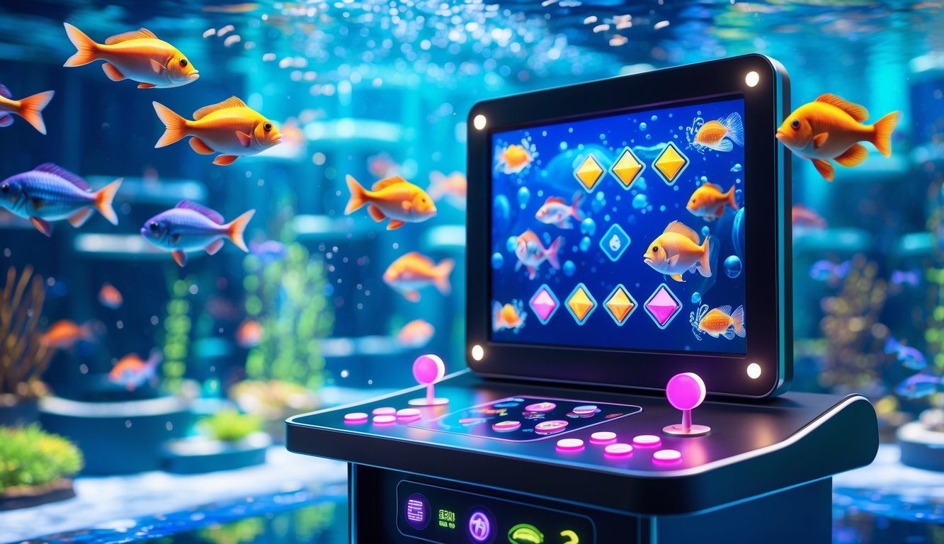 Suasana permainan arcade bawah laut dengan ikan berwarna-warni dan konsol permainan modern yang menyala.