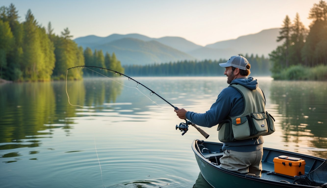 Seorang pemancing sedang memancing di danau yang tenang dengan latar belakang pepohonan hijau dan pegunungan.