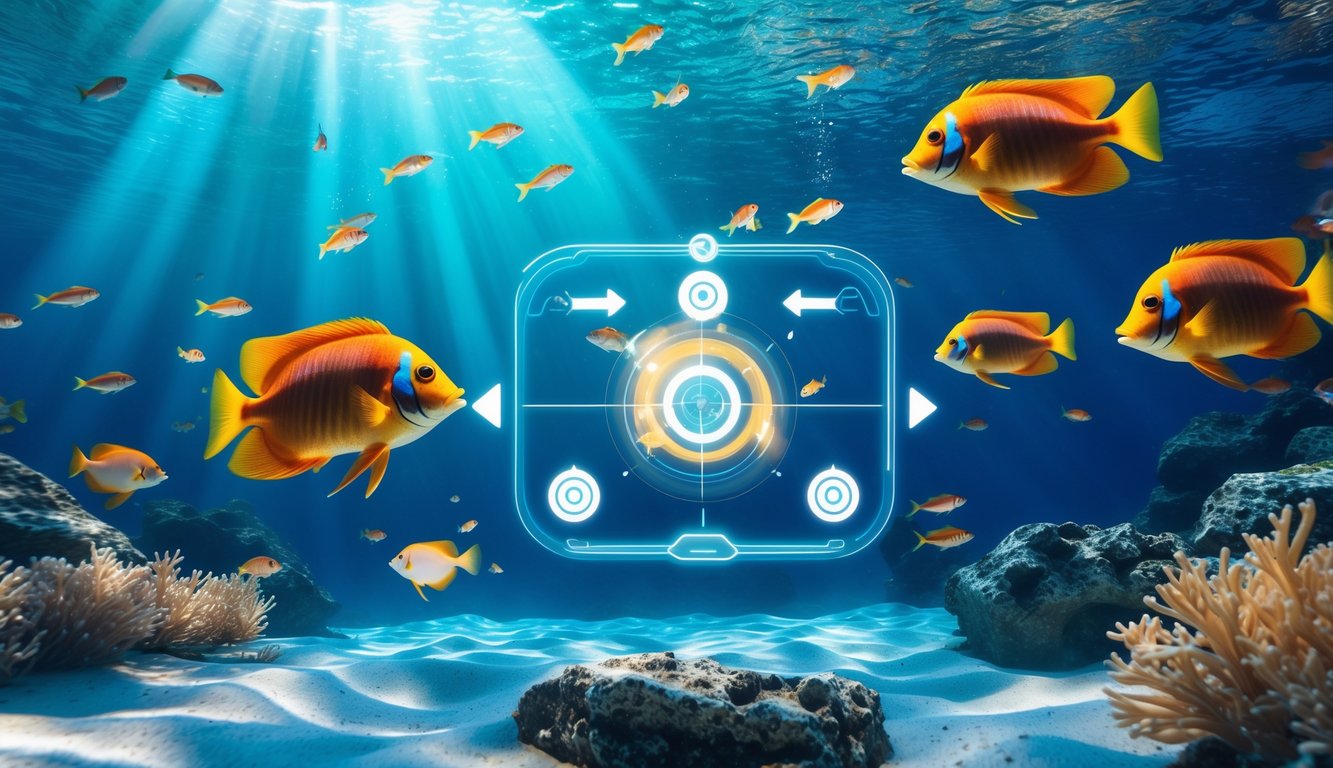 Pemandangan bawah laut dengan ikan tropis berwarna-warni berenang di air jernih dan sinar cahaya menembus dari atas.