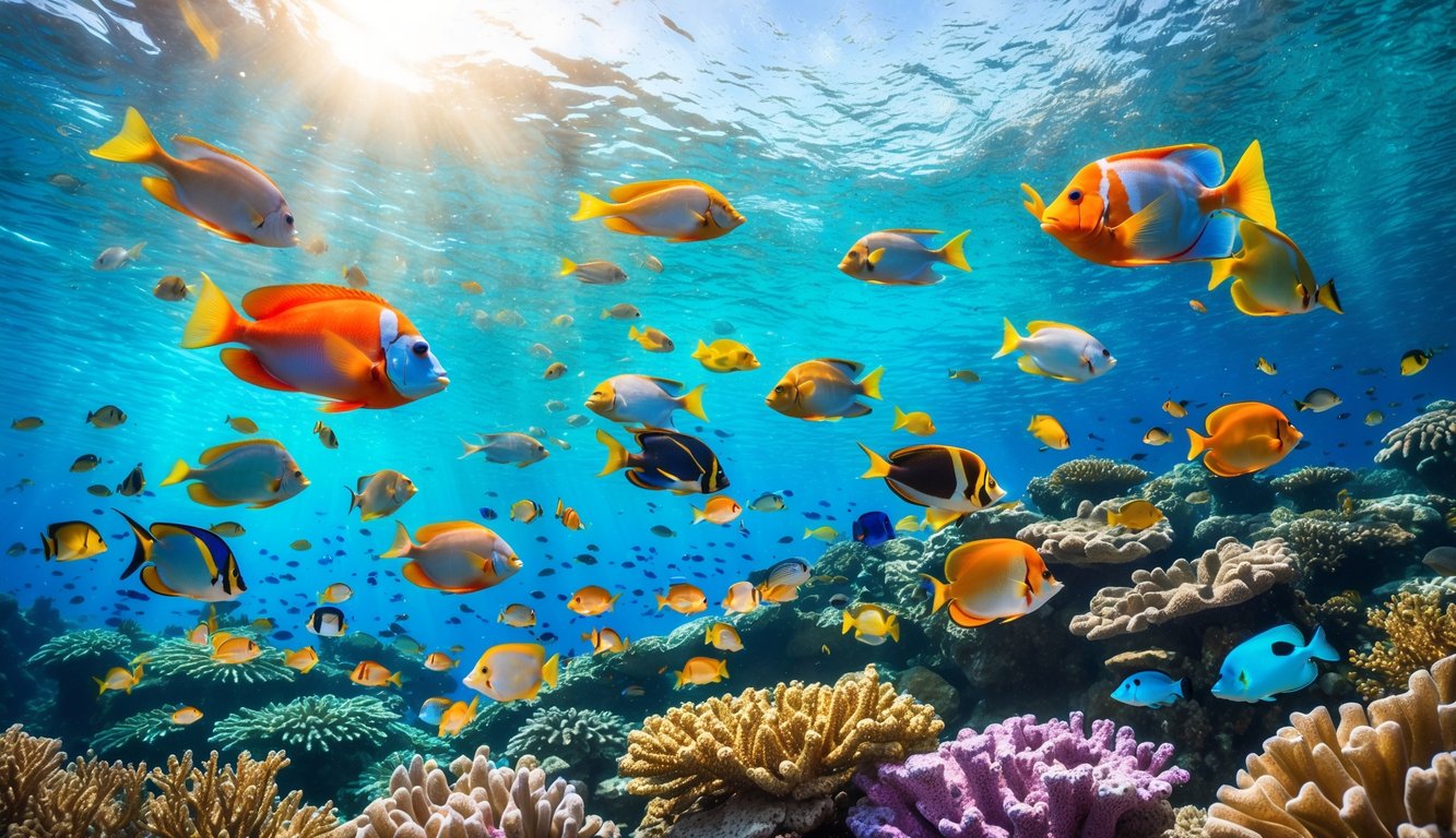 Pemandangan bawah laut dengan berbagai ikan tropis berwarna-warni berenang di antara terumbu karang.