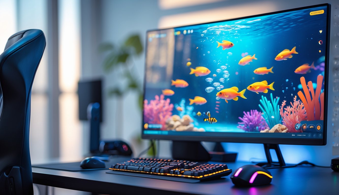 Sebuah ruangan dengan komputer menampilkan permainan tembak ikan dengan grafis bawah laut berwarna-warni.