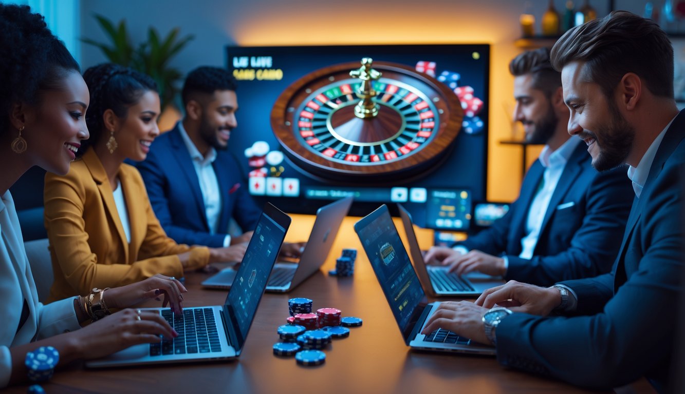 Orang-orang bermain permainan kasino langsung secara online dari rumah dengan dealer nyata di layar digital.