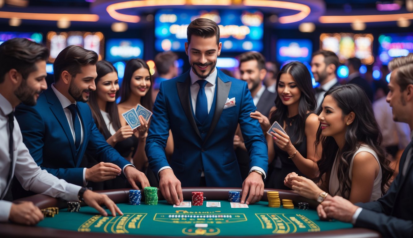 Seorang dealer dan pemain di meja kasino hidup yang elegan dengan lampu warna-warni dan suasana yang hidup.