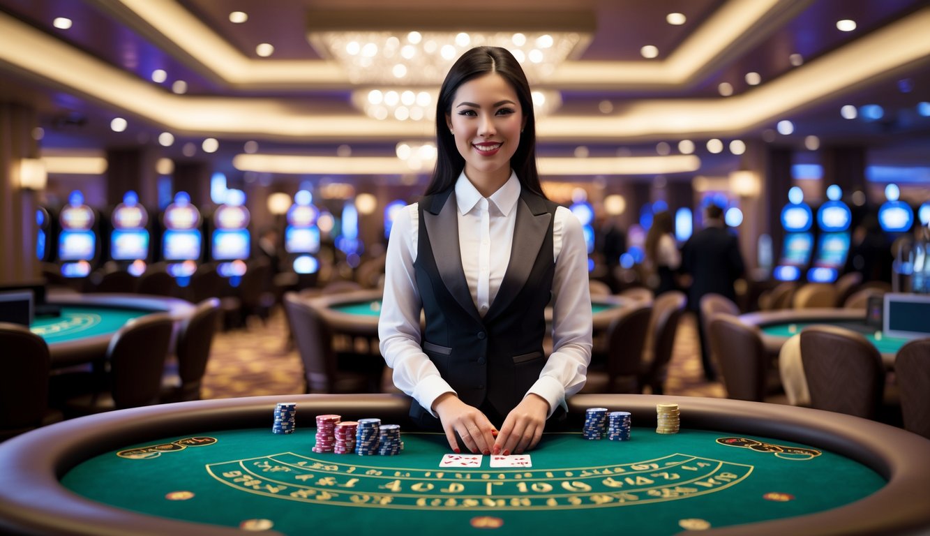 Seorang dealer profesional berdiri di meja permainan kasino langsung dengan latar belakang interior kasino yang mewah dan pemain yang sedang bermain.