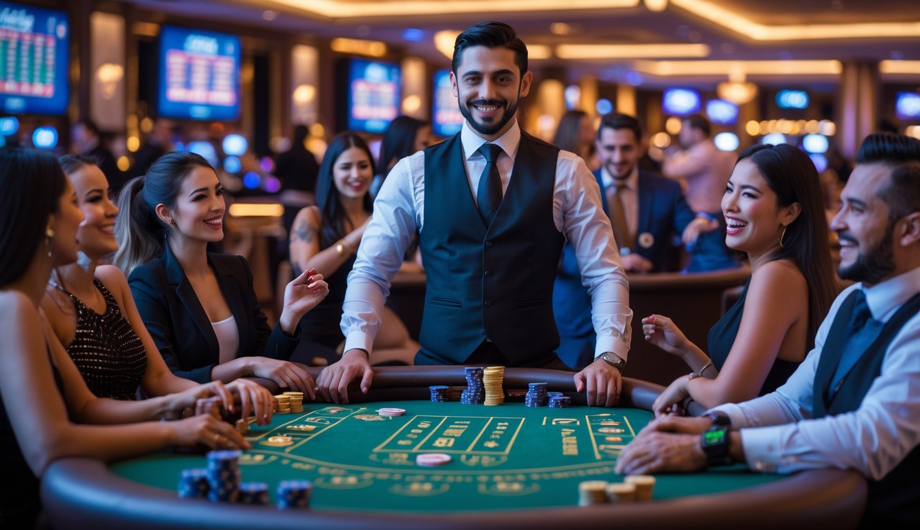 Suasana kasino langsung dengan dealer dan pemain yang sedang bermain di meja permainan.