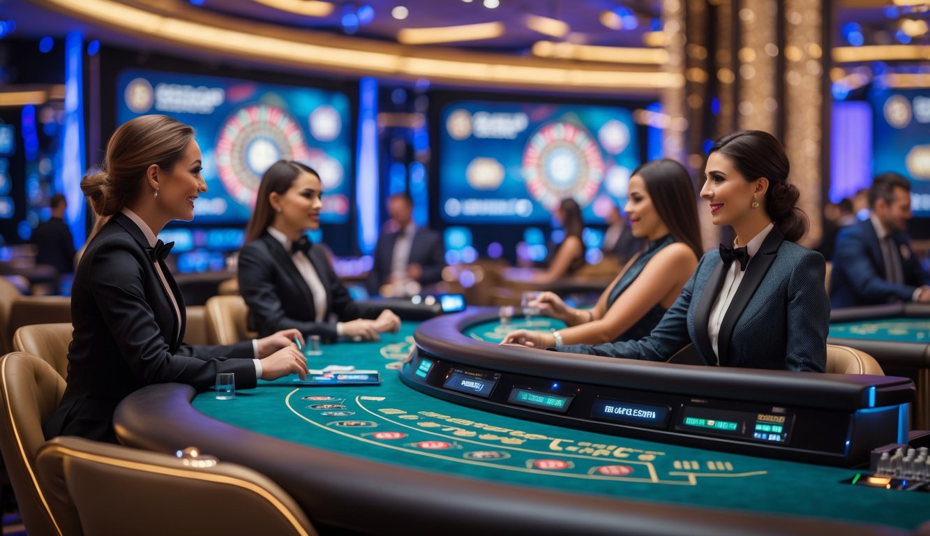 Suasana kasino langsung modern dengan meja dealer dan pemain dalam lingkungan yang aman dan mewah.