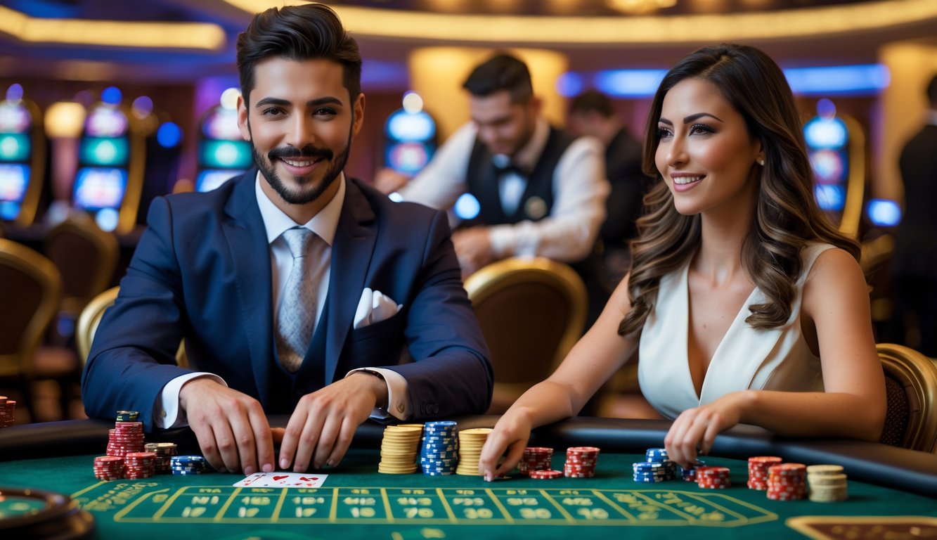 Dua orang bermain di meja kasino langsung dengan dealer di latar belakang, suasana penuh antisipasi dan semangat menang.