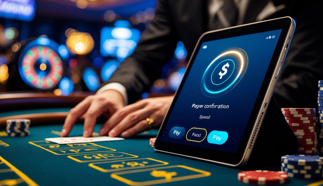 Seorang dealer kasino langsung di meja permainan dengan perangkat digital menunjukkan konfirmasi pembayaran cepat.