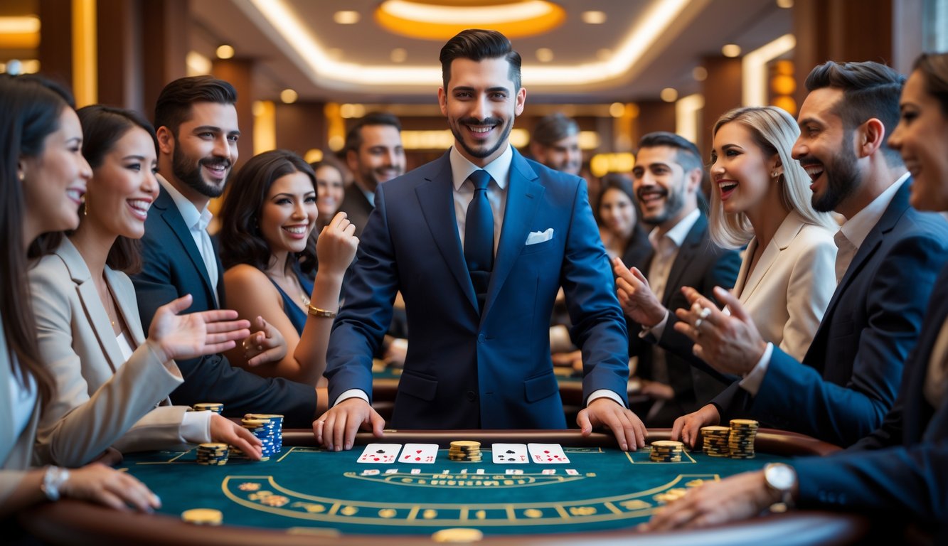 Seorang dealer profesional di meja blackjack dengan pemain yang antusias di kasino mewah.