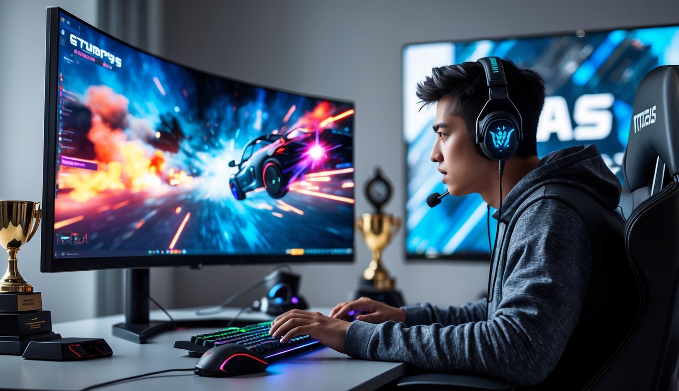 Seorang pemain esports muda yang fokus sedang bermain game kompetitif di meja dengan monitor besar dan peralatan gaming di ruangan yang terang.