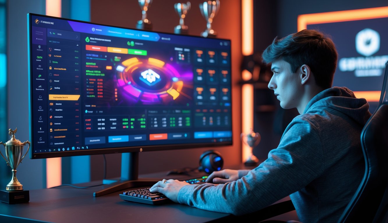 Seseorang duduk di depan komputer dengan tampilan permainan esports dan statistik taruhan online di layar.