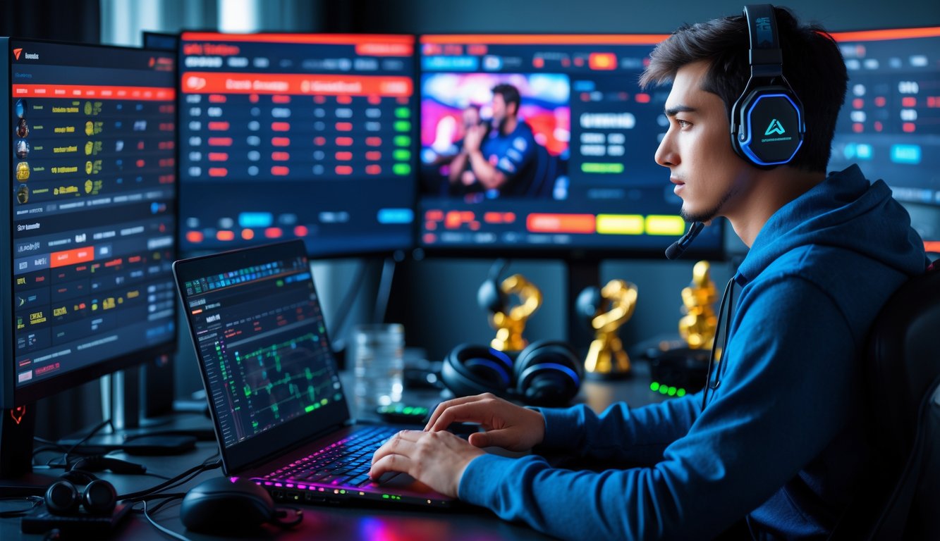 Seseorang sedang menggunakan perangkat untuk memasang taruhan pada pertandingan esports dengan tampilan monitor yang menampilkan pertandingan dan peluang taruhan.