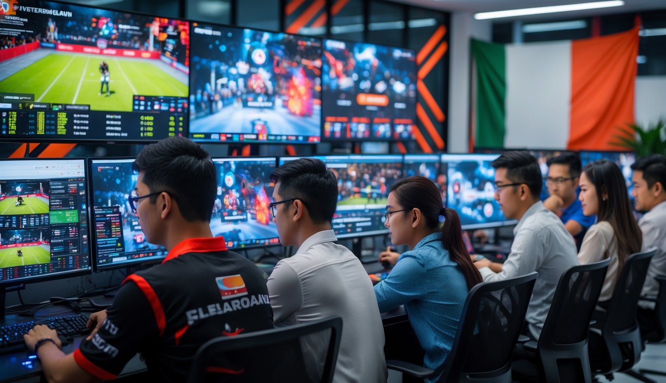 Sekelompok orang muda Indonesia sedang menggunakan komputer dan ponsel untuk memasang taruhan pada pertandingan esports di sebuah kantor modern.