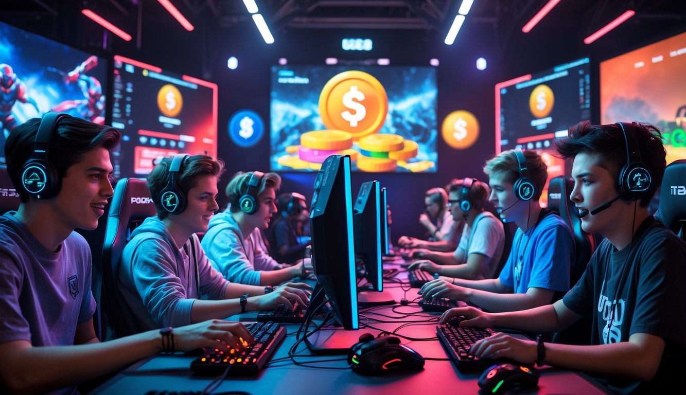 Sekelompok pemain esports muda sedang bermain di arena game dengan layar besar menampilkan grafik kemenangan dan hadiah digital.