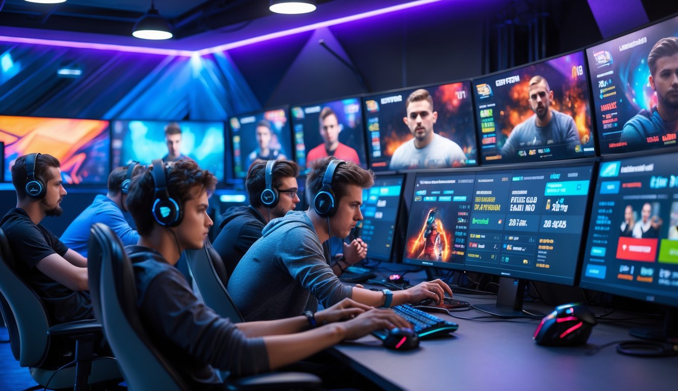 Sekelompok orang muda sedang fokus bermain dan bertaruh pada permainan esports di sebuah ruang game modern.