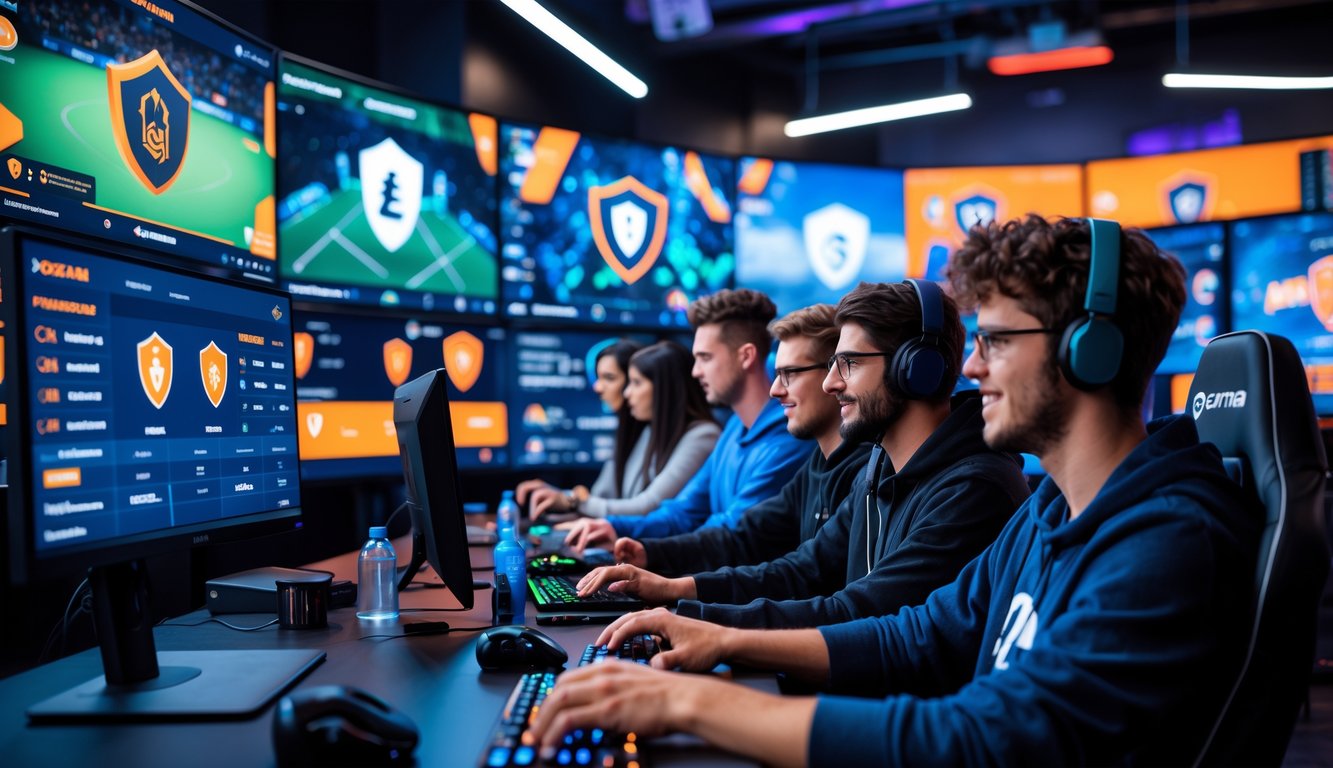 Sekelompok orang muda bermain game esports di ruang gaming modern dengan layar besar dan simbol keamanan digital.