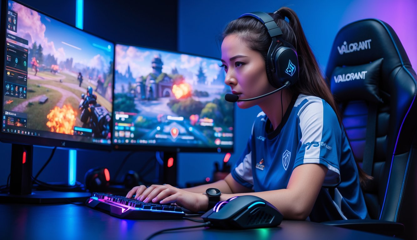Seorang pemain esports wanita sedang fokus bermain Valorant di depan komputer dengan perlengkapan gaming lengkap di ruangan berlampu biru dan ungu.