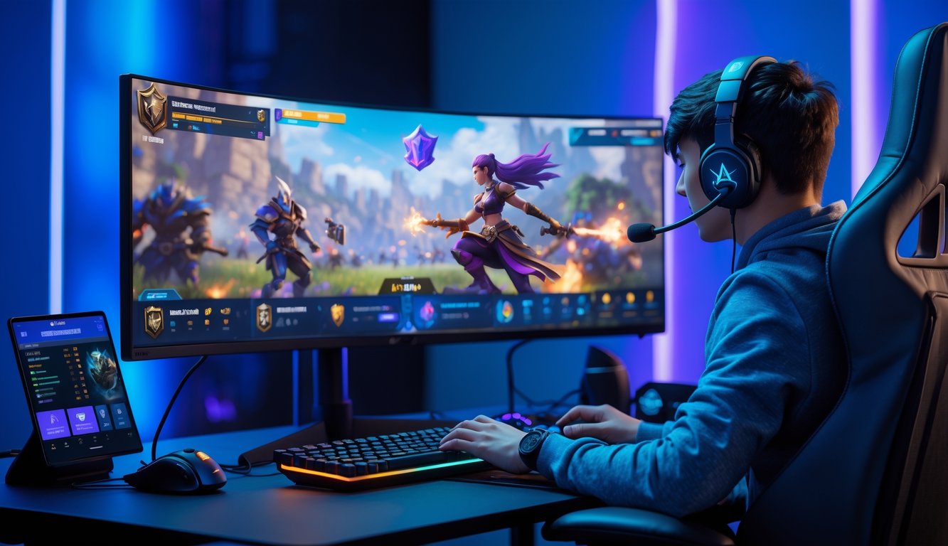Seorang pemain esports sedang bermain Mobile Legends di depan monitor besar dengan peralatan gaming lengkap di meja yang rapi.