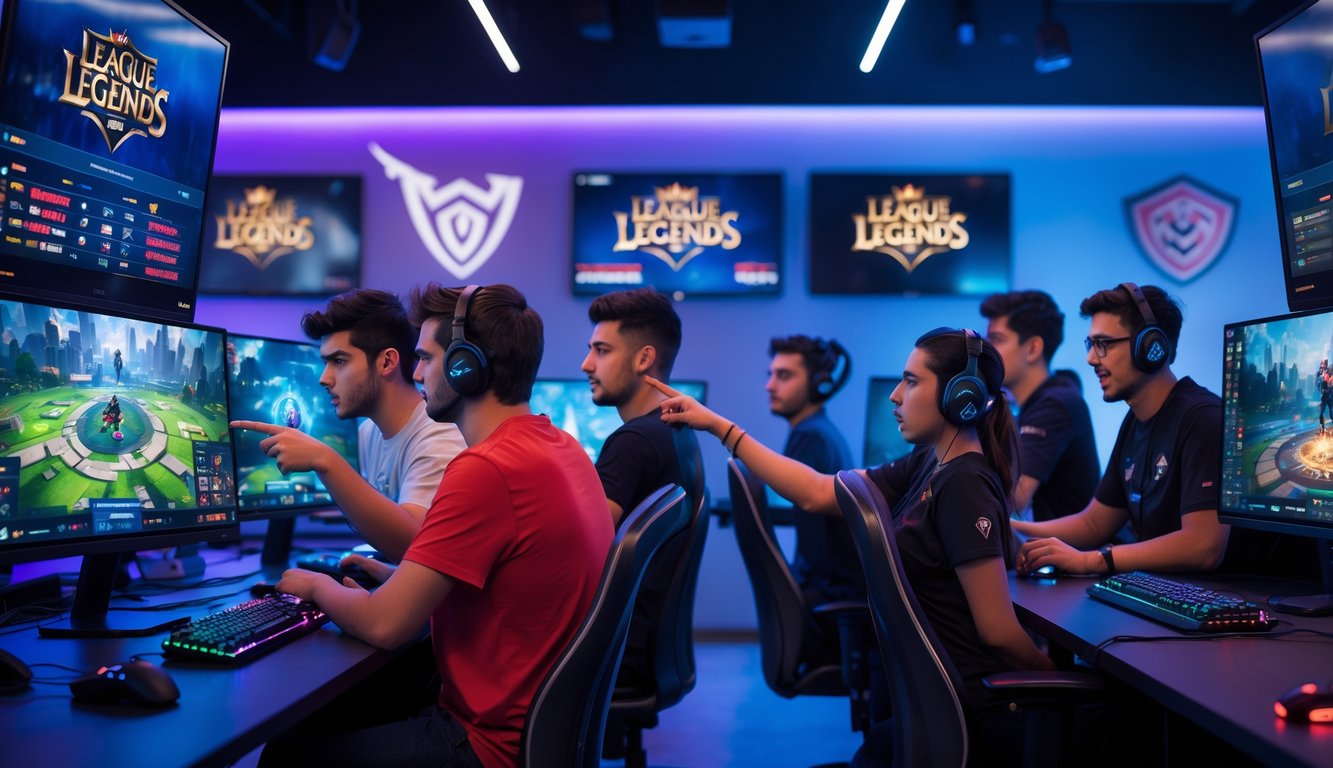Sekelompok orang muda sedang berkumpul di ruang esports modern, melihat layar komputer yang menampilkan permainan League of Legends dan berdiskusi sambil menggunakan perangkat gaming.