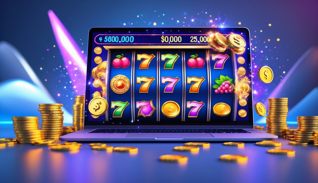 Layar komputer menampilkan permainan slot online dengan simbol warna-warni dan tumpukan koin emas di sekitarnya.
