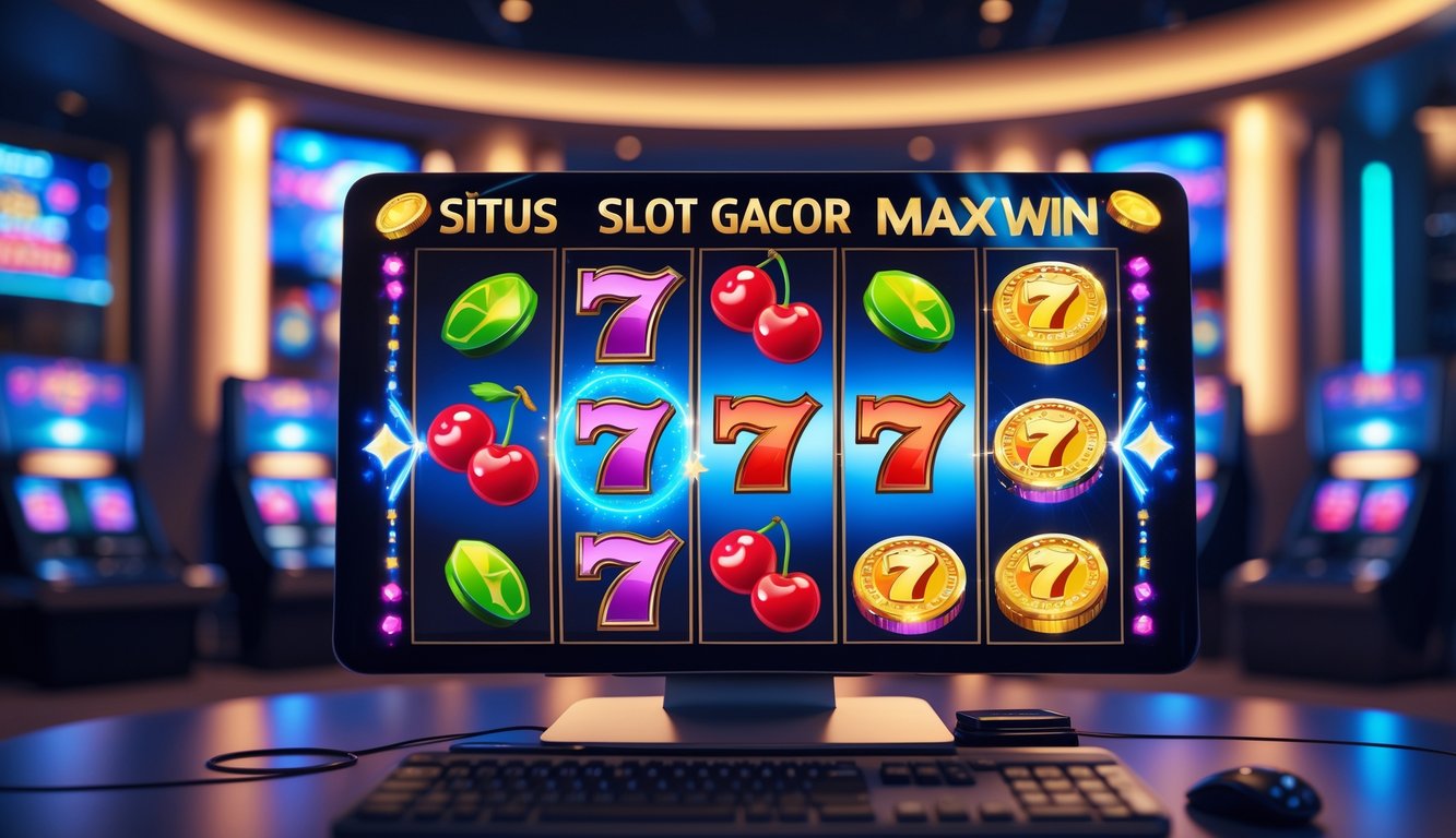 Tampilan layar komputer dengan mesin slot digital berwarna-warni di ruangan gaming yang modern dan gelap.