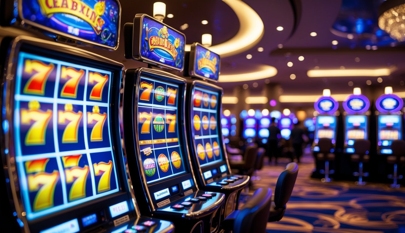 Area mesin slot di kasino dengan mesin slot berwarna-warni yang sedang berputar dan suasana kasino yang mewah.