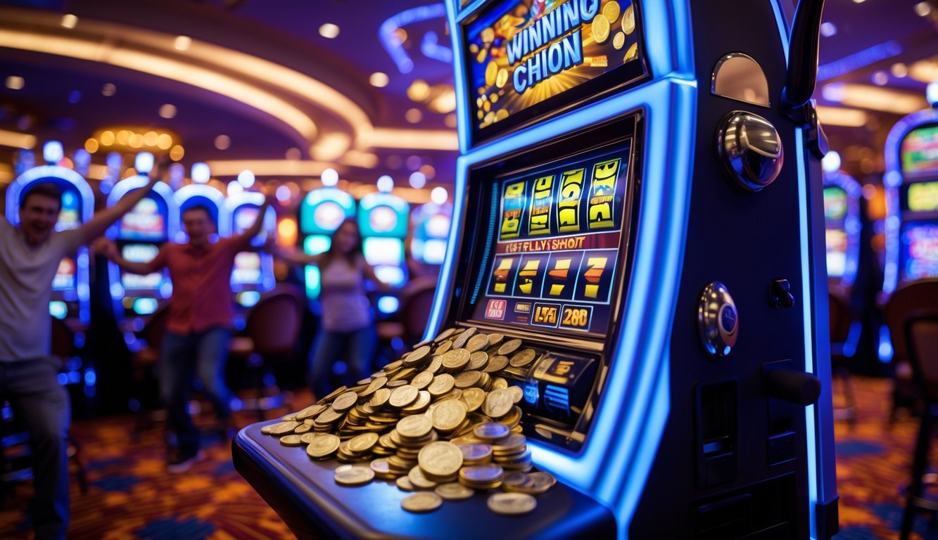 Area mesin slot di kasino dengan mesin slot yang menunjukkan kemenangan jackpot besar dan orang-orang yang terlihat senang merayakannya.