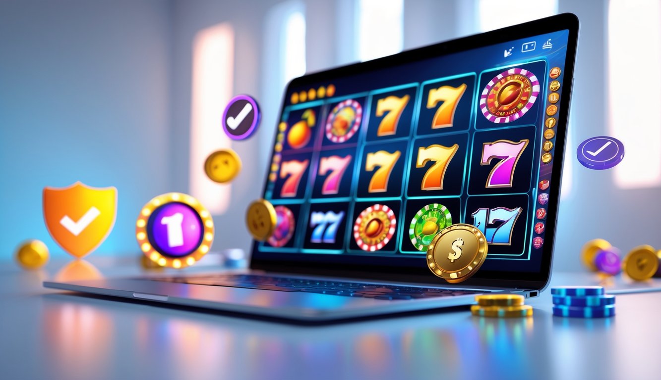 Layar komputer menampilkan permainan slot online dengan simbol warna-warni, dikelilingi ikon keamanan seperti gembok dan perisai.