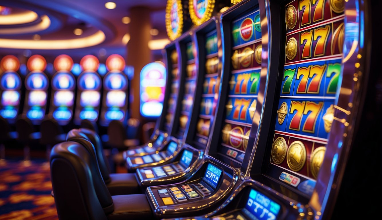 Mesin slot modern dengan gulungan berwarna-warni yang menunjukkan kombinasi kemenangan di dalam kasino yang ramai.