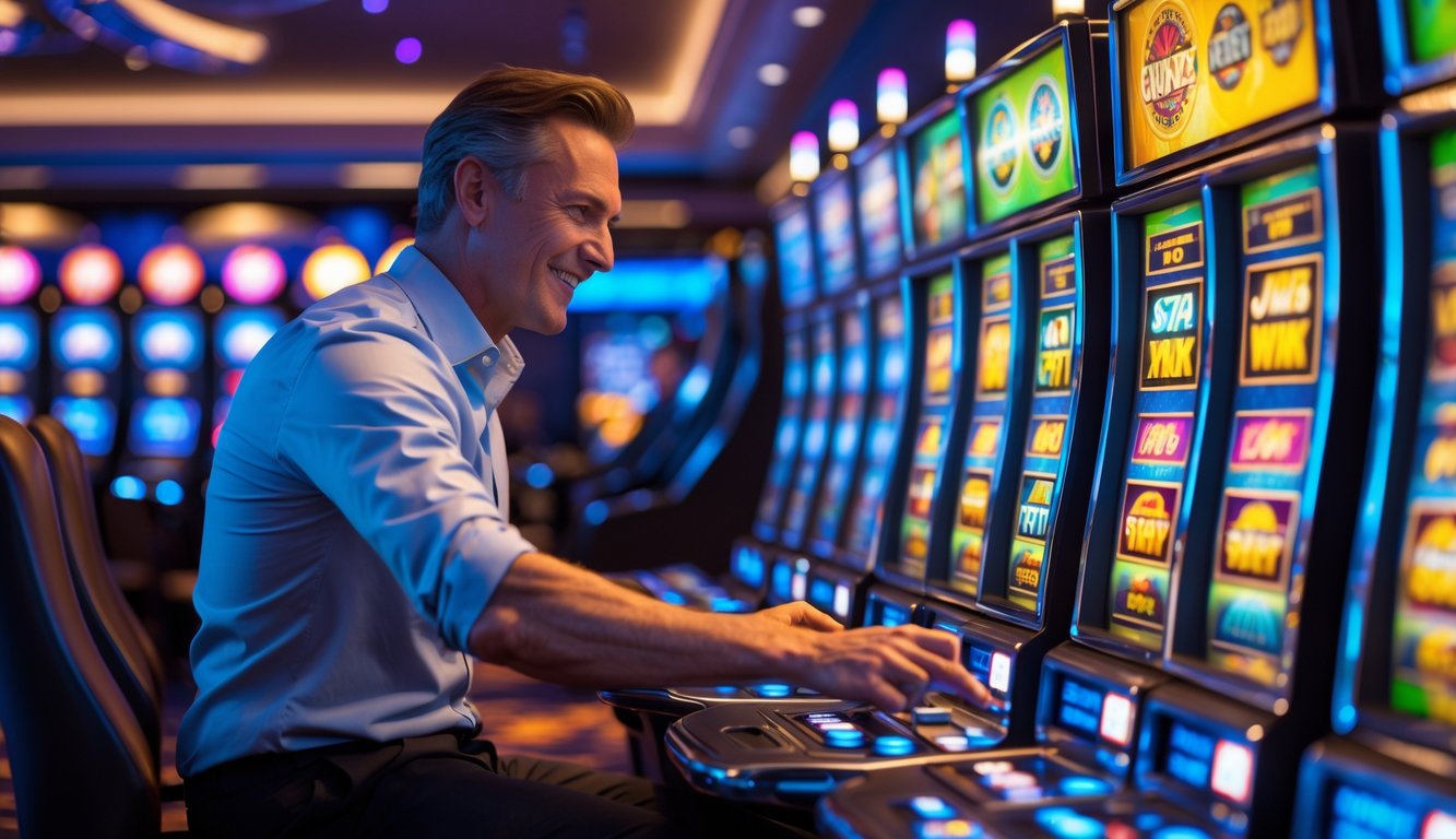 Seorang pemain dewasa sedang bermain mesin slot di dalam kasino yang terang dengan mesin slot berwarna-warni di sekitarnya.