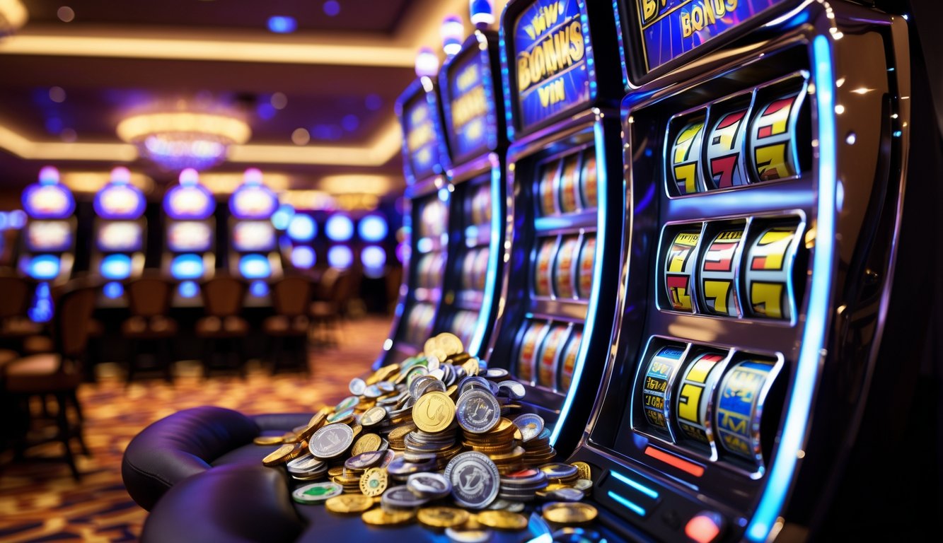 Mesin slot modern dengan koin dan chip yang melimpah, menunjukkan kemenangan besar di kasino yang mewah.