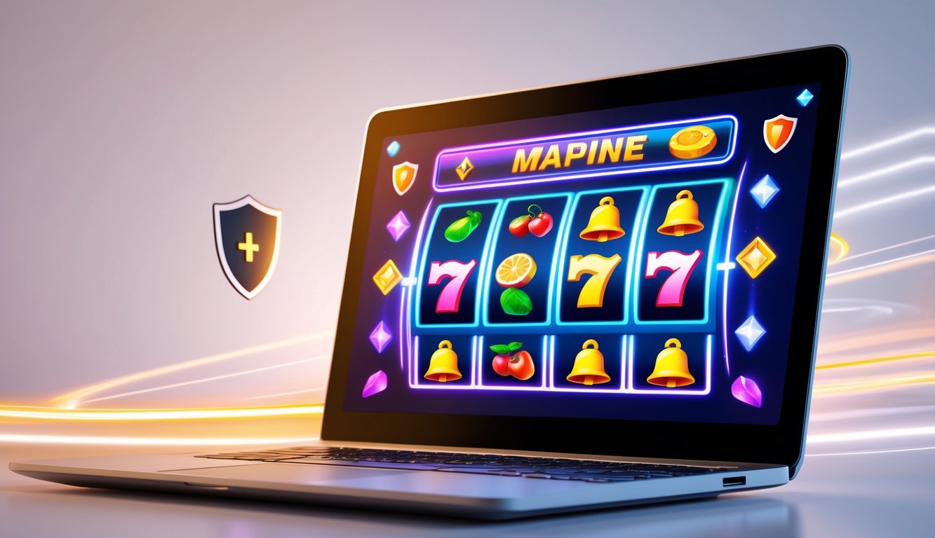 Layar komputer menampilkan permainan mesin slot online dengan simbol warna-warni, dikelilingi ikon keamanan dan efek cahaya yang menunjukkan kecepatan dan keamanan.
