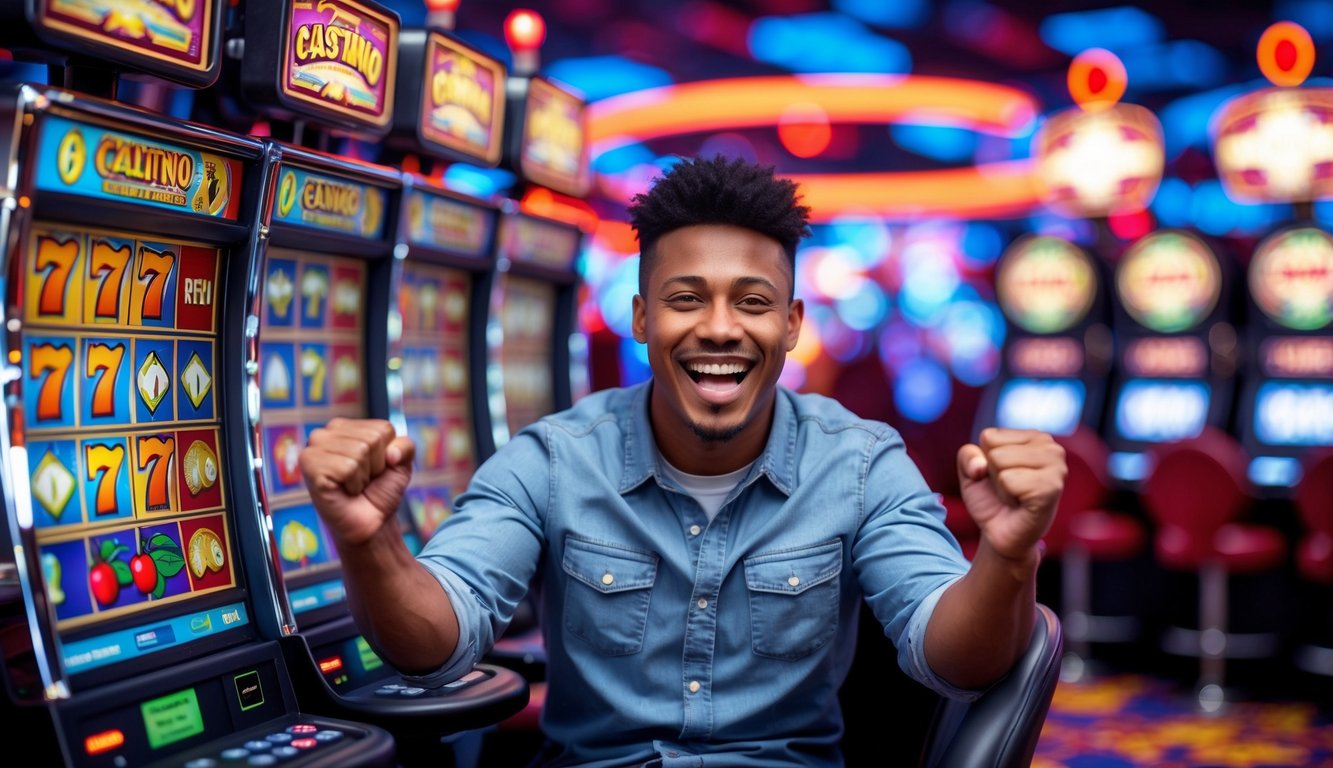 Seorang dewasa muda merayakan kemenangan besar di mesin slot di dalam kasino yang cerah dan penuh warna.